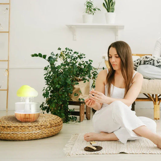 Woman in cozy living room with smart mushroom-shaped lamp and indoor plants