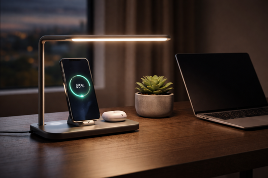 Minimalist desk setup with GNNIS 3-in-1 magnetic wireless charging lamp and laptop.