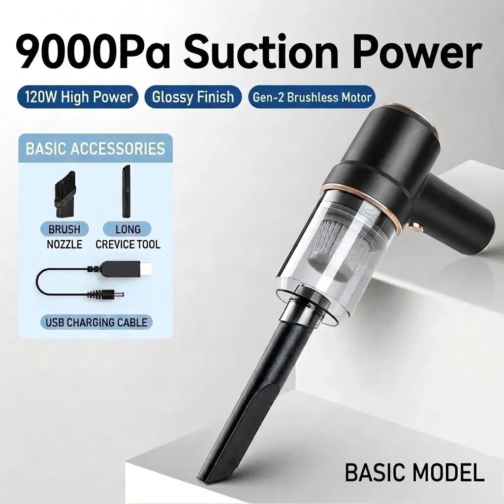 Handheld vacuum cleaner with 9000Pa suction, brush nozzle, crevice tool, and USB charging cable.