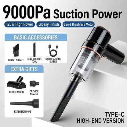 Handheld vacuum cleaner with brush nozzle, crevice tool, USB charging cable, and floor brush accessories highlights 9000Pa suction power and Type-C charging.