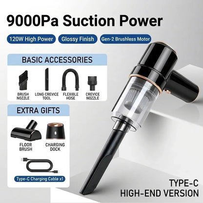 Handheld vacuum cleaner with 9000Pa suction, brushless motor, accessories, and Type-C charging.
