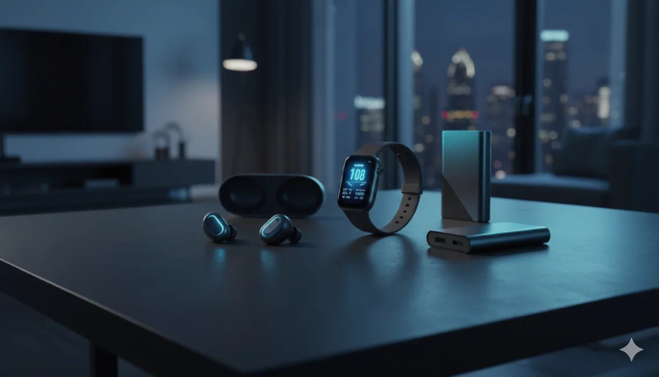 Smartwatch, wireless earbuds, and portable chargers on table in modern apartment at night
