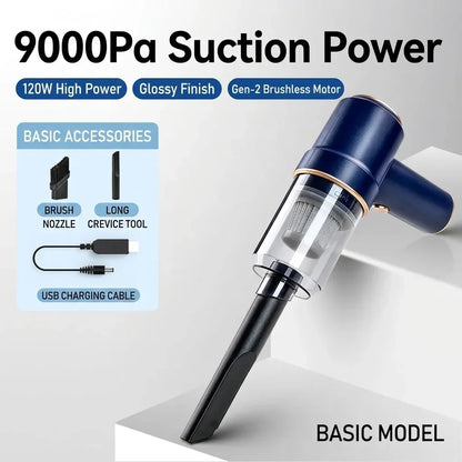 Portable 9000Pa wireless car vacuum cleaner for deep cleaning car interior and home pet hair - GNNIS Elite model.