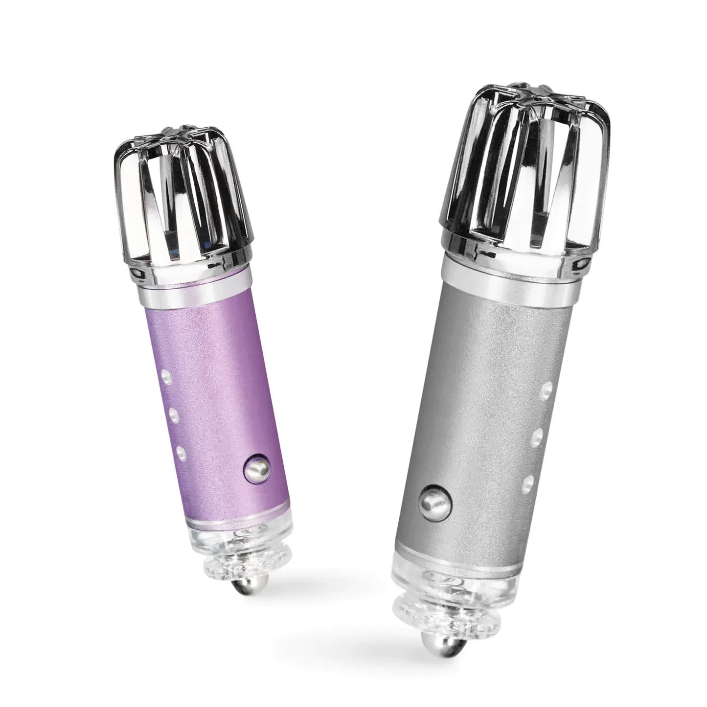 Two smart tech gadgets with metallic purple and silver bodies, chrome accents, isolated on white background