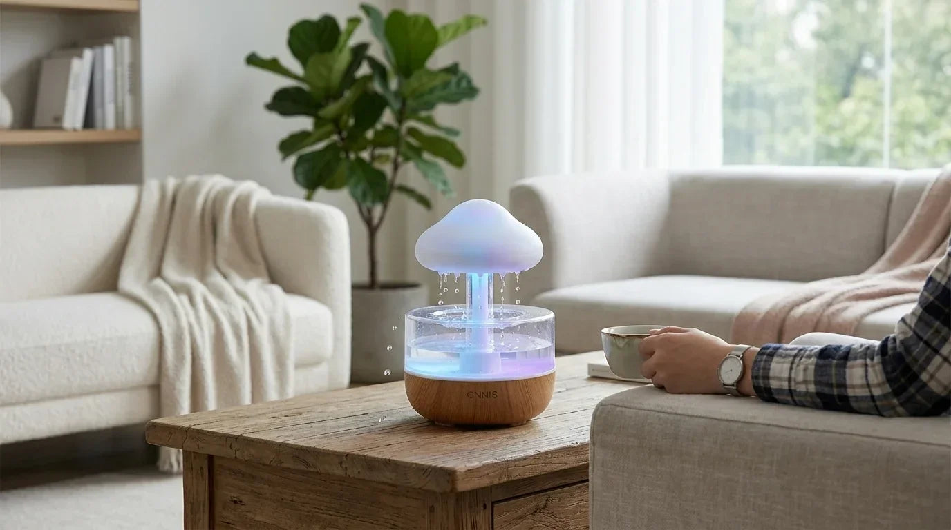 Aesthetic rain cloud aroma diffuser on a wooden coffee table in a modern bright living room, minimalist home decor style.