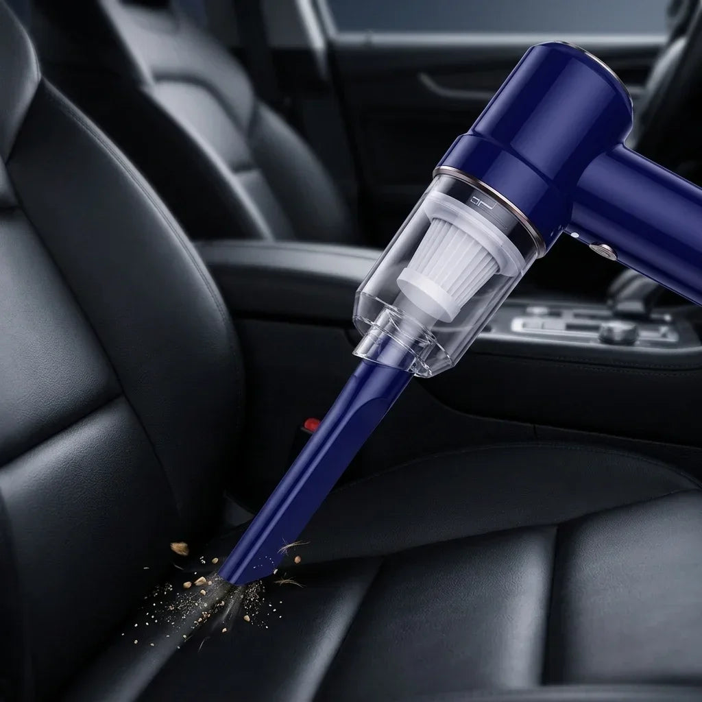 Cordless car vacuum cleaner stored in a car glove box, showing Type-C fast charging port and compact design for easy storage.