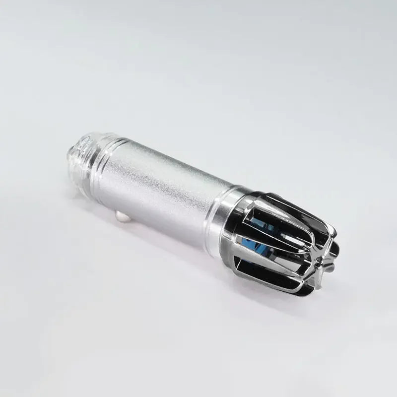 Silver nose hair trimmer with protective cap on white background, modern grooming gadget