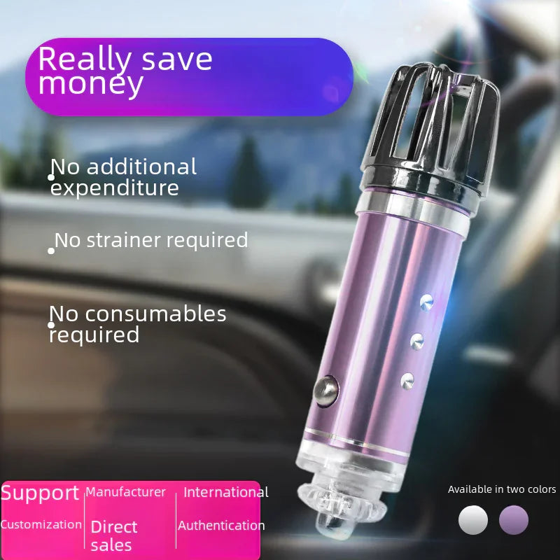 Purple car air purifier gadget in vehicle interior, highlighting cost-saving features.
