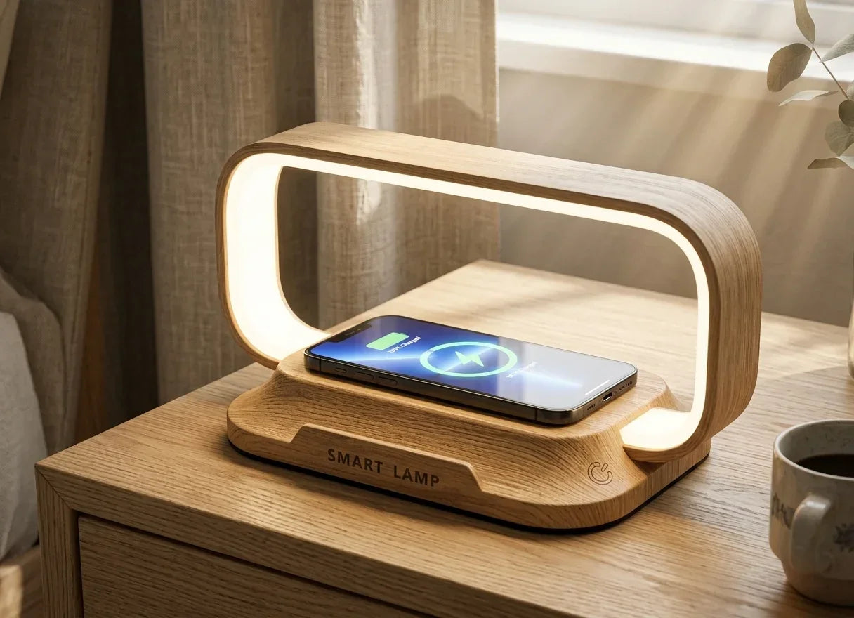 Minimalist GNNIS 3-in-1 magnetic bedside lamp with natural oak wood finish, featuring a smartphone wirelessly charging on the base in a cozy morning bedroom setting.
