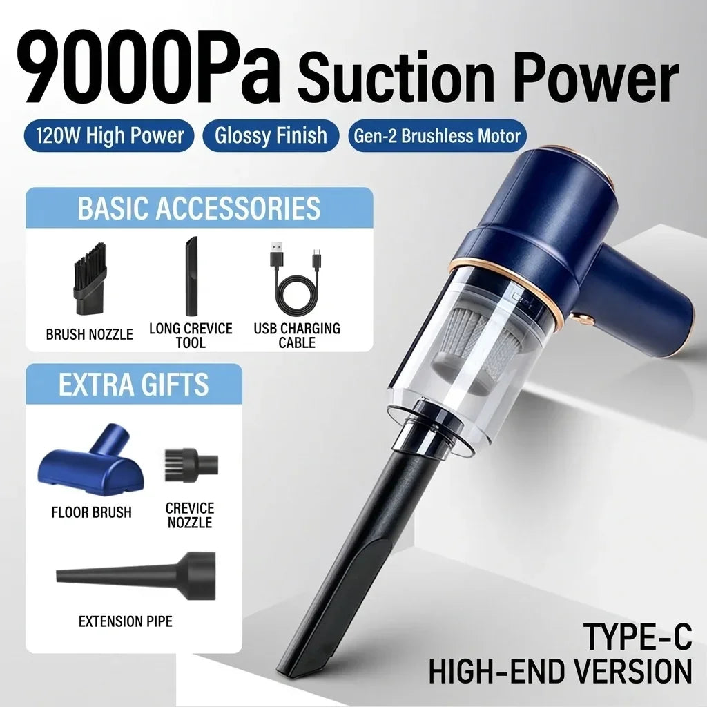High-end GNNIS car vacuum cleaner with 9000Pa suction, featuring Type-C fast charging and extra gifts including floor brush and extension pipe for total vehicle detailing.