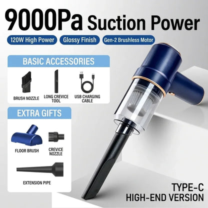 High-end GNNIS car vacuum cleaner with 9000Pa suction, featuring Type-C fast charging and extra gifts including floor brush and extension pipe for total vehicle detailing.