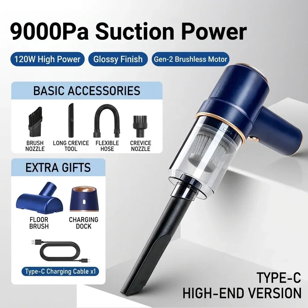 High-end GNNIS portable car vacuum with 9000Pa suction power, featuring Type-C fast charging and full accessories package including floor brush and charging dock - GNNIS Elite detailing kit.