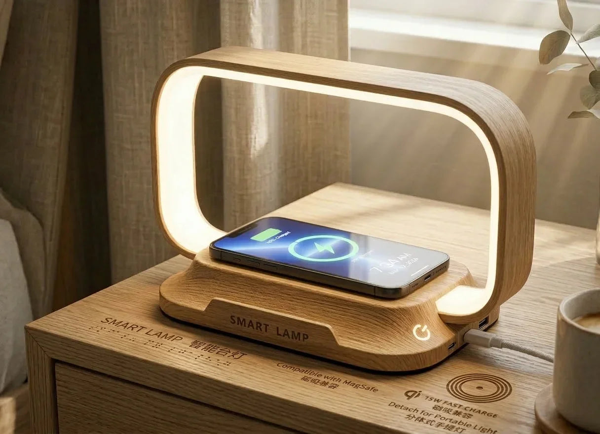 Detail view of GNNIS magnetic lamp illustrating the detachable arched LED light head and MagSafe compatibility, designed for versatile home lighting.