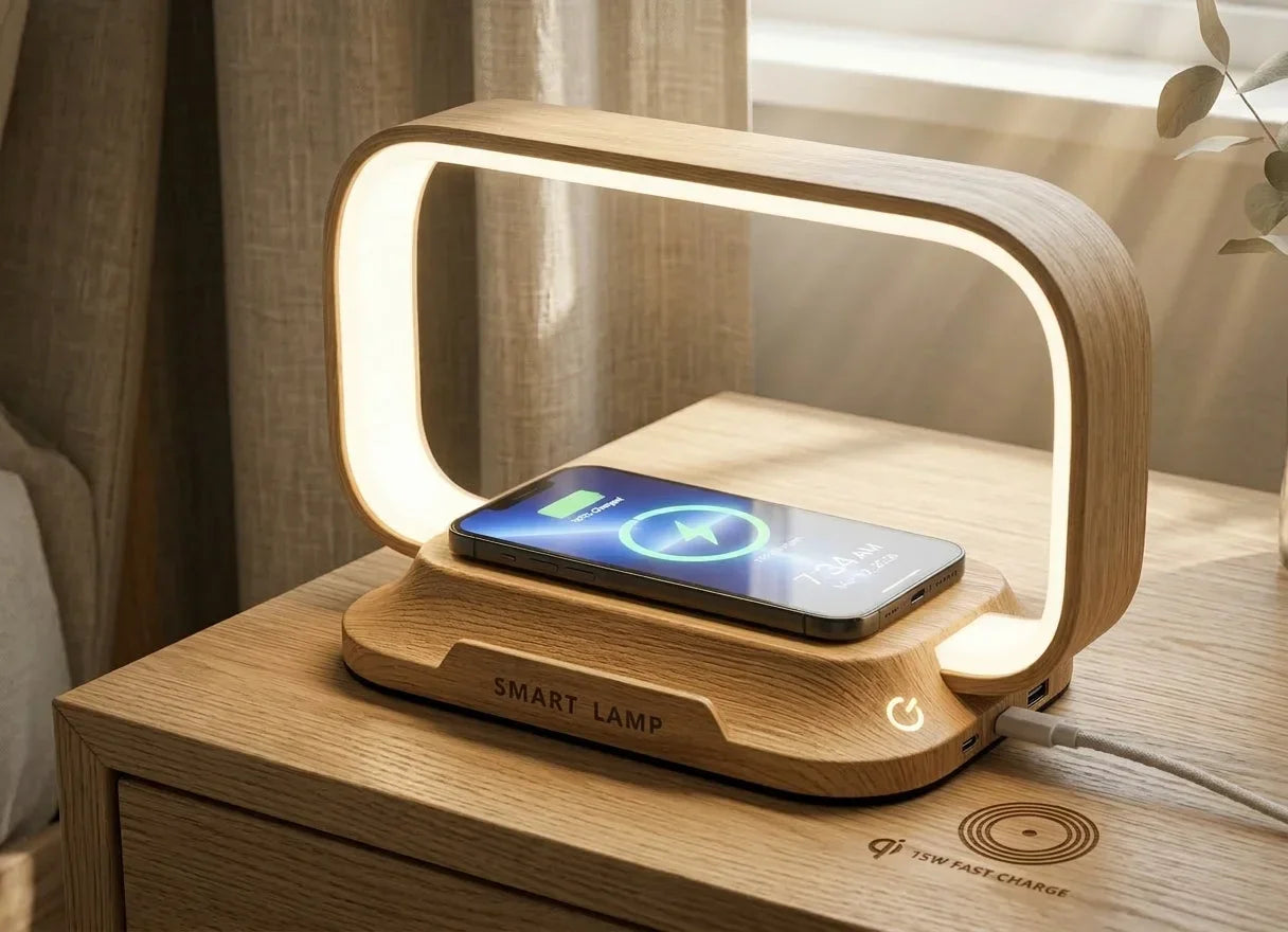 Close-up of GNNIS smart lamp base showing 15W Qi-certified fast wireless charging for an iPhone, with a clean wooden texture and sleek touch controls.