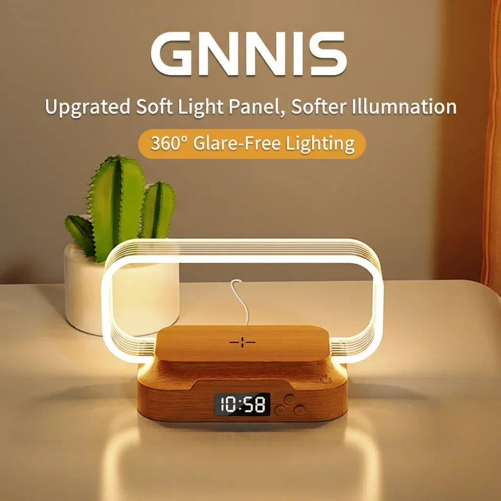 Modern wooden digital clock with wireless charging lamp and LED light panel on a table