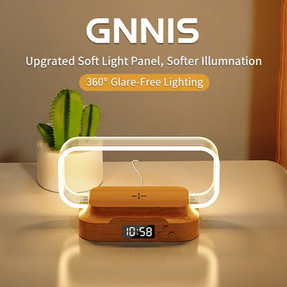 Modern wooden digital clock with wireless charging lamp and LED light panel on a table