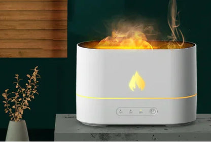 Modern white aromatherapy humidifier with realistic flame LED