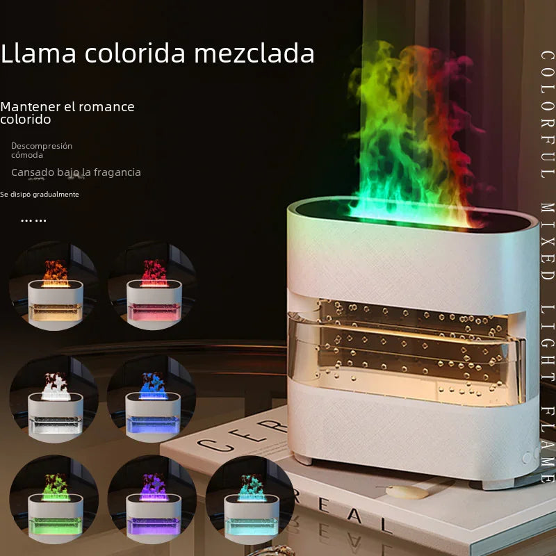 Colorful LED flame humidifier diffuser on a table, displaying multicolor light mist.