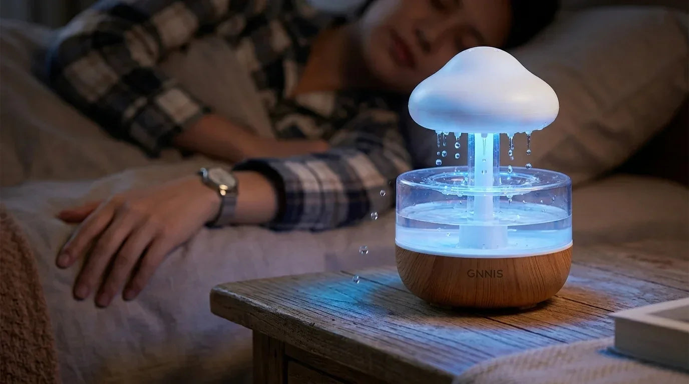 Rain cloud humidifier with 7-color night light glowing in a dark bedroom, creating soothing rain sounds for better sleep.