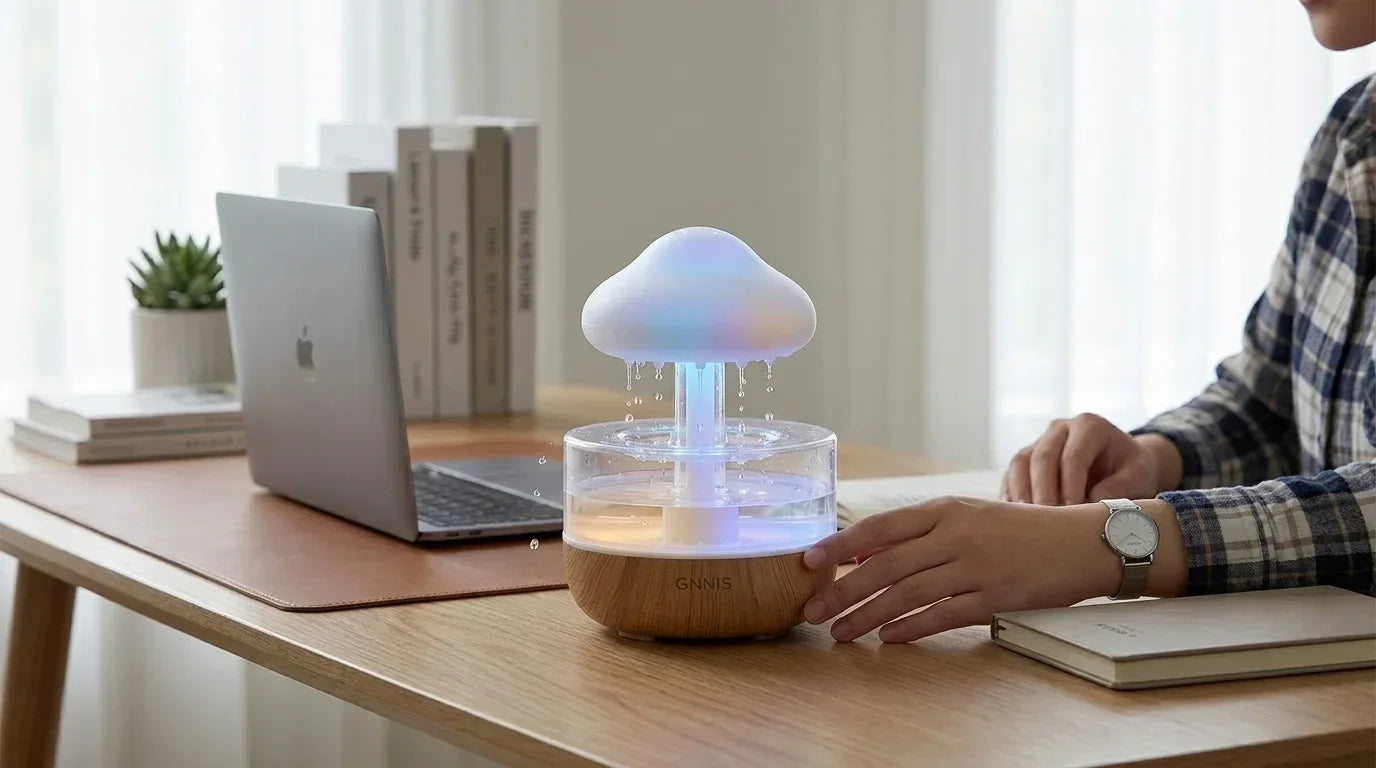 Compact rain drop humidifier on a study desk next to a laptop, providing fresh mist and relaxing ambiance for home office work.